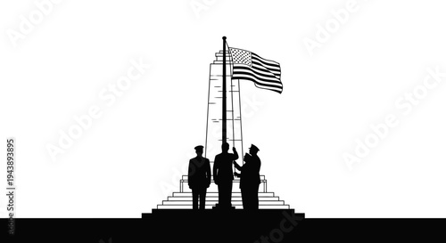 Patriotic Salute: Silhouettes of Soldiers Raising American Flag at Monument
