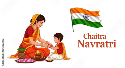 Illustration of Goddess Durga worship during Chaitra Navratri festival, a significant Hindu religious celebration in India with traditional design elements.