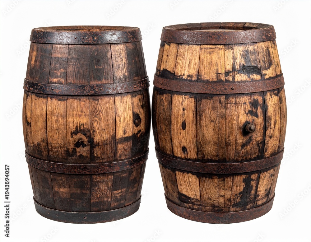 Fototapeta premium Two Weathered Vintage Wooden Barrels Side by Side Isolated
