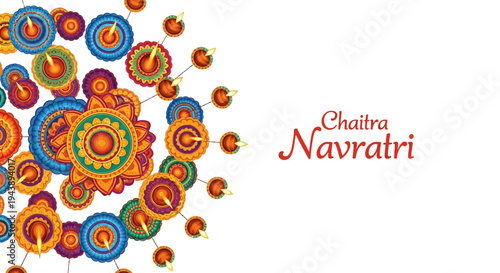 Illustration of Goddess Durga worship during Chaitra Navratri festival, a significant Hindu religious celebration in India with traditional design elements.