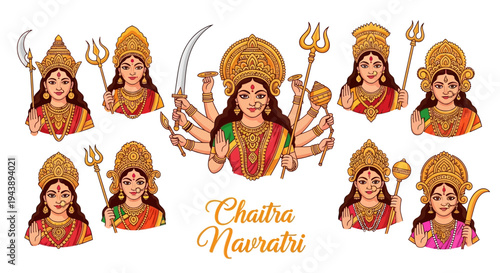 Illustration of Goddess Durga worship during Chaitra Navratri festival, a significant Hindu religious celebration in India with traditional design elements.