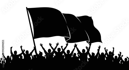 Protest Crowd Silhouette with Black Flag Waving