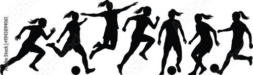 Women soccer player silhouettes set running jumping and dribbling football ball sport action isolated collection