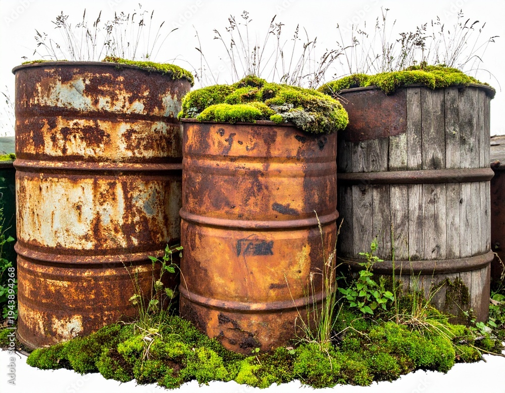 Obraz premium Three Moss-Covered Industrial Barrels Arranged in a Cluster Isolated on White