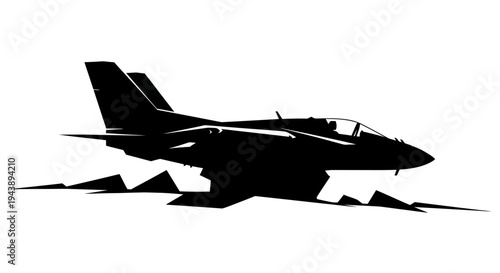 Silhouette of a fighter jet taking off, dynamic motion, black and white, military aviation concept