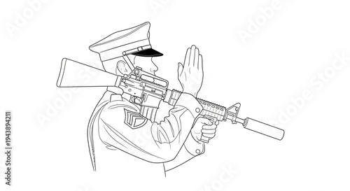 Soldier in uniform holding rifle, giving hand signal, military training, security, defense