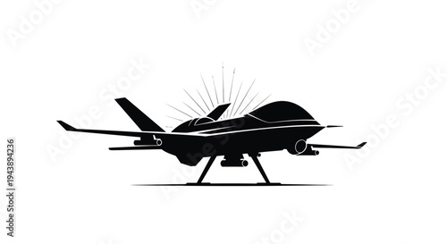 Silhouette of a futuristic military drone with glowing lights, on a white background