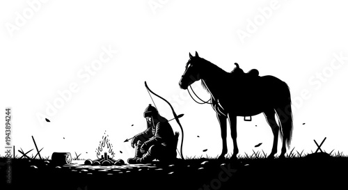 Silhouette of a lone warrior resting by a campfire with his horse at dusk