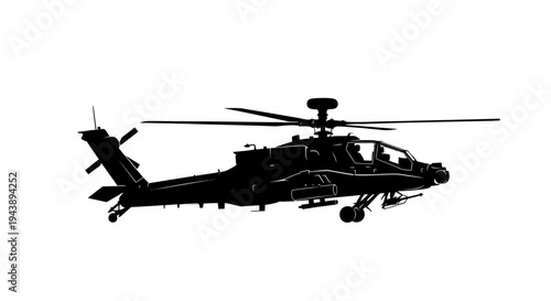 Silhouette of a modern attack helicopter in flight against a white background