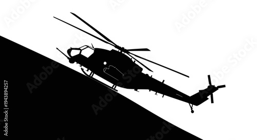 Silhouette of a military helicopter landing on a steep slope, black and white