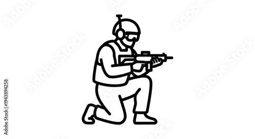 Soldier kneeling with assault rifle, tactical gear, military action, combat pose, line art icon