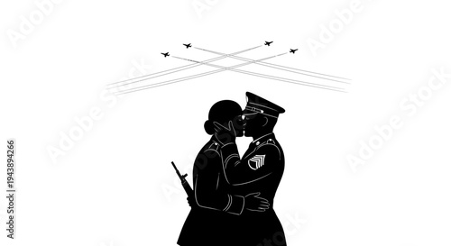 Soldier Kissing Woman with Fighter Jets Flying Overhead
