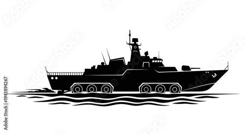 Silhouette of a modern military warship with multiple cannons on the water