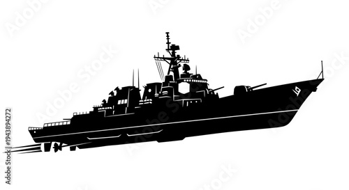 Silhouette of a modern warship sailing on the sea, military vessel, naval power