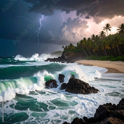 Stormy weather at a rocky coastline with palm trees
