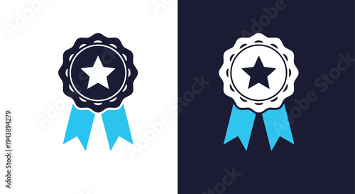 Blue award badge icons with star ribbons vector set - Blue icon set - Modern style icon  - Glyph and solid icon set - Icon vector - Minimalist, flat icon