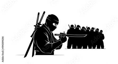 Silhouette of a Ninja Warrior with Swords and a Group of Ninjas in the Background