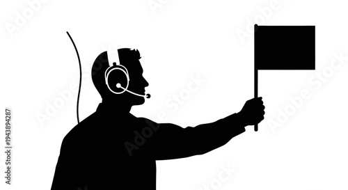 Silhouette of a person with headphones and a flag, signaling or directing.