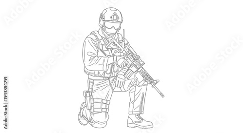 Soldier Kneeling with Rifle, Military Combat Pose, Tactical Gear, Outline Illustration