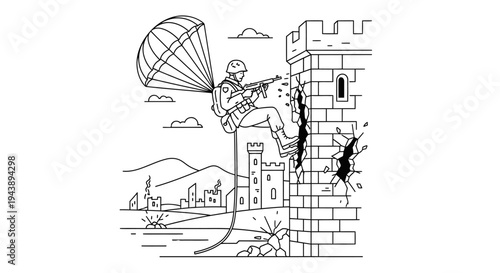 Soldier parachuting onto castle wall, military action, war, battle, strategy, tactical