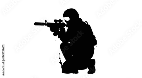 Silhouette of Soldier Crouching with Rifle, Ready to Fire, Tactical Gear, Military Action