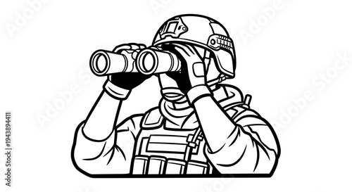 Soldier with Binoculars, Military Surveillance, Reconnaissance, Observation, Strategic Planning, Tactical Gear