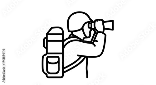 Soldier with Binoculars and Backpack Looking into Distance, Military Surveillance Icon