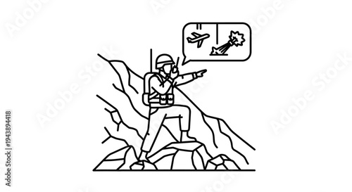 Soldier with radio on mountain, calling for air support against enemy