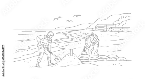 Soldiers Digging Defenses on a Beachhead, WWII Era Illustration