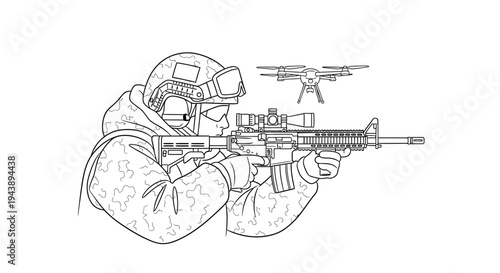 Soldier with rifle and drone, military technology, surveillance, modern warfare