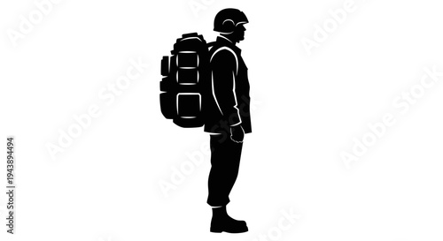 Silhouette Soldier with Backpack, Military Gear, Standing Profile View, Black and White