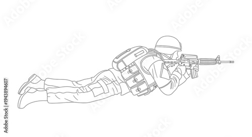 Soldier Aiming Rifle Lying Down, Military Combat Pose, Tactical Gear, Outline Illustration