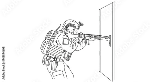 Special Forces Soldier Breaching Door with Rifle, Tactical Operation, SWAT Team Member