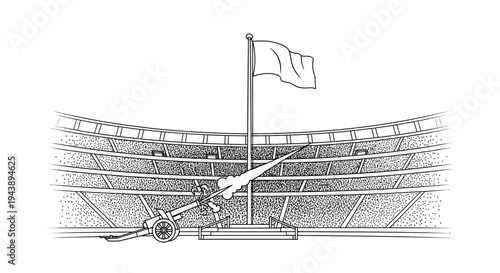 Stadium Flagpole with Cannon and Grandstands in Black and White Sketch