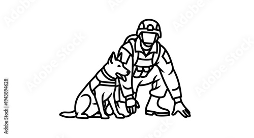 Soldier and Military Dog, K9 Unit, Working Together, Crouching Pose, Outline Icon