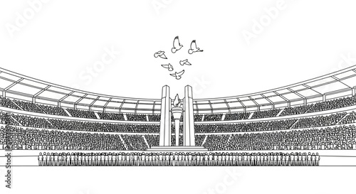 Stadium Ceremony with Doves Flying Over Monument and Crowd