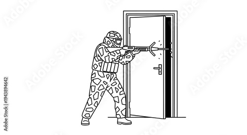 Soldier breaching door with rifle, tactical entry, combat training, close quarters battle