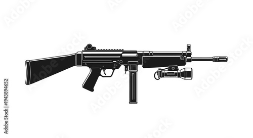 Submachine Gun with Tactical Flashlight Attachment, Black Silhouette