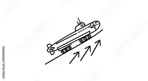 Submarine on wheels ascending a slope with upward arrows