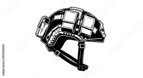 Tactical Military Helmet with Accessories, Black and White Illustration