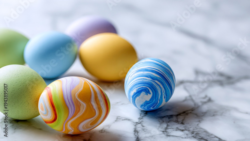 Colorful and whimsical eggs arranged artfully on a marble surface, celebrating the joys of spring and the spirit of creativity