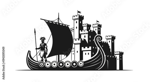 Viking Ship with Castle Silhouette and Warrior