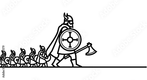 Viking Warriors Marching, Leader with Axe and Shield, Historical Battle Formation