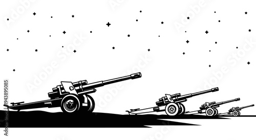 Vintage Artillery Cannons Lined Up Under Starry Night Sky