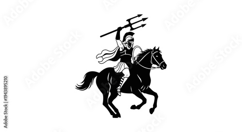 Warrior on Horseback with Trident, Ancient Greek Mythology, Dynamic Action Pose