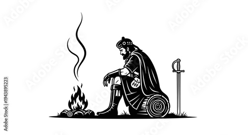 Warrior Resting by Campfire, Sword and Tent, Black and White Illustration