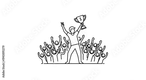 Winner holding trophy and celebrating with cheering crowd, victory, success, achievement, teamwork, celebration