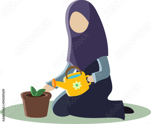 a muslim girl watering a plant