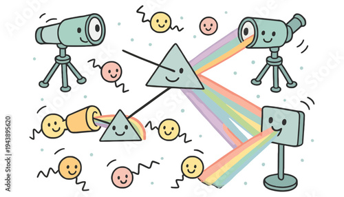 Telescope vector illustration with prism and rainbow light beams and smiley faces