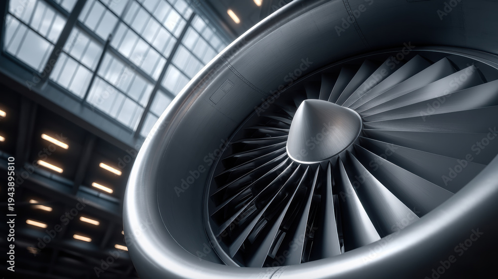 Fototapeta premium Large jet engine close up, metallic turbine blade, industrial hangar, modern aviation technology, high fidelity detail, powerful engineering